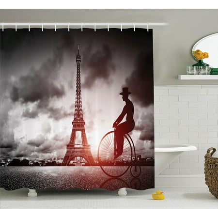 Eiffel Tower Decor Shower Curtain Set Man On Retro Bicycle Next To Eiffel Tower Decor Shower Curtain Set Man On Retro Bicycle Next To