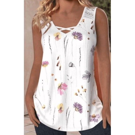 Women's White Watercolor Floral Crisscross Neck Sleeveless Tunic Tank Top, Longline Flowy Summer Casual Blouse