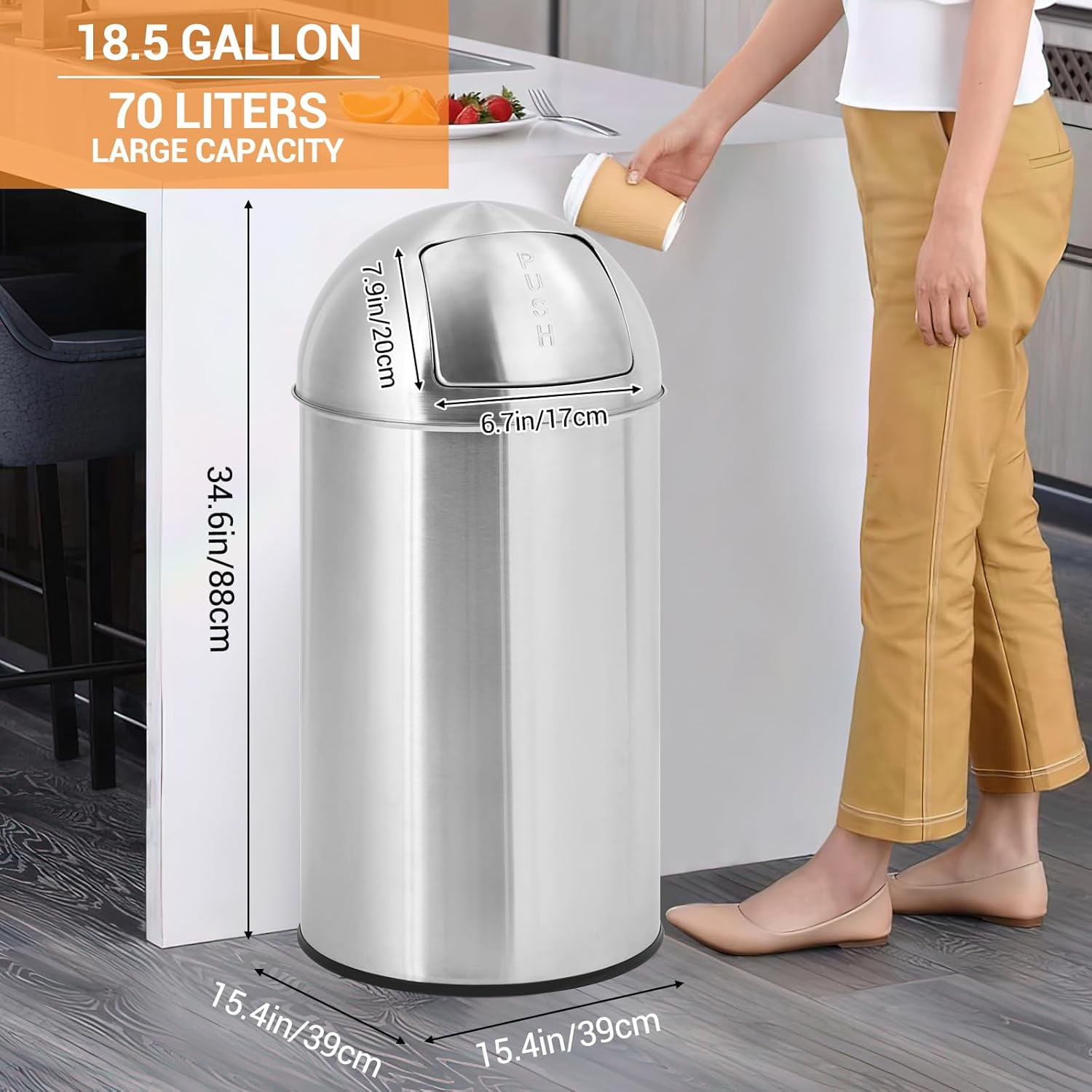 Lumiparty 18.5 Gallon/70 Liter Trash Can, Garbage Can with Push Lid, Heavy Duty Stainless Steel Waste Bin with Removable Inner Bucket, Outdoor Trash Bin for Commercial Use