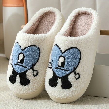 

Jieowen Bad Bunny Slippers for Women Men Cartoon Embroidery Warm Indoor Bedroom Winter Love Pattern Couple Slippers Holiday Gift