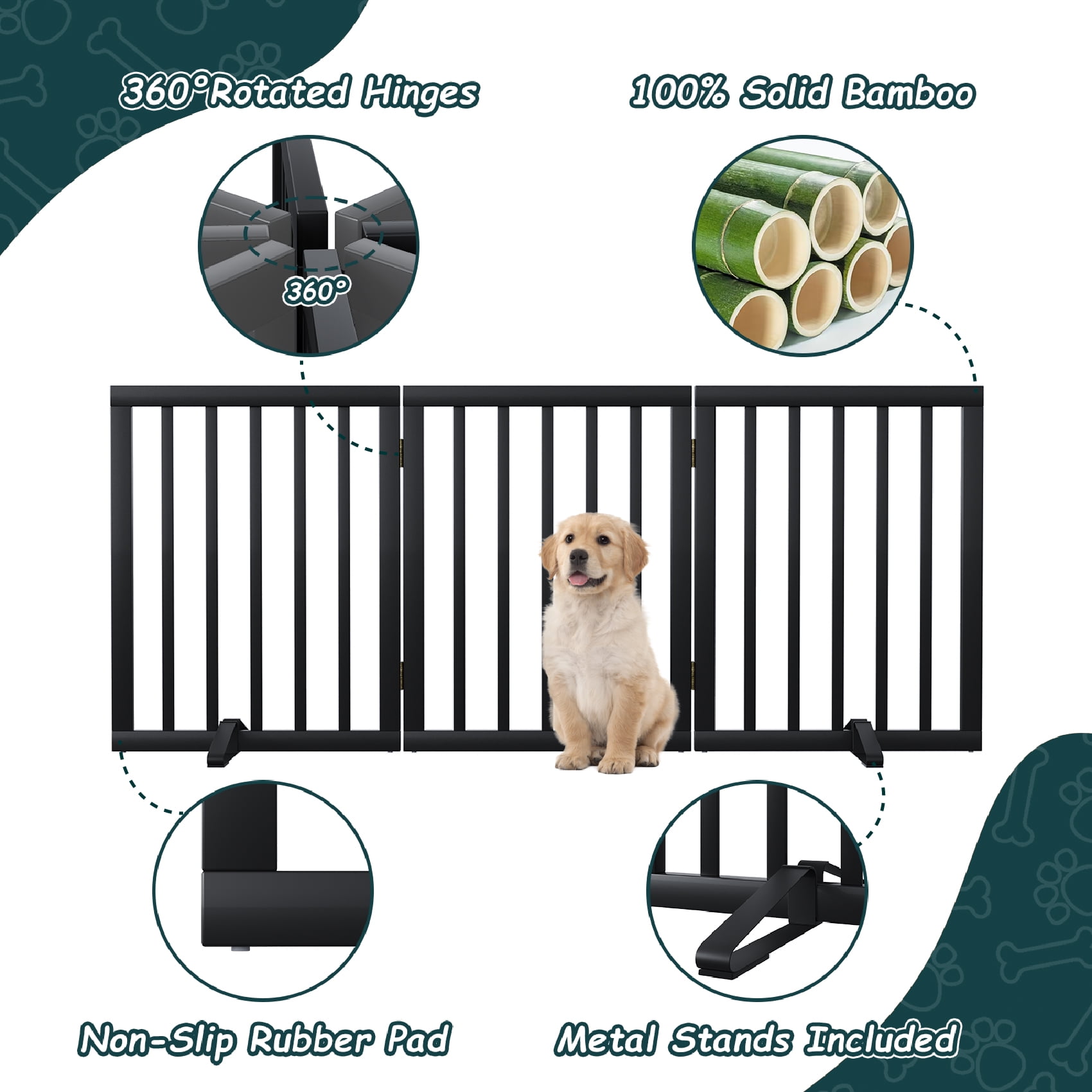 Algherohein Dog Gate for Inside,Bamboo Freestanding Pet Gate for Doorways,Indoor, 24" Black