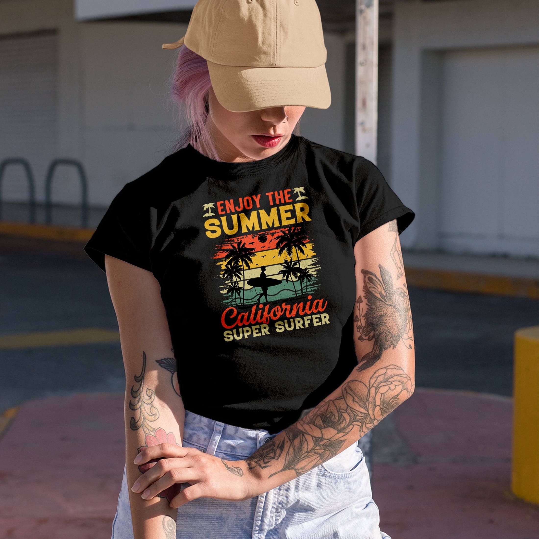 Distressed Enjoy the Summer, California Super Surfer - Surfing Lover, Navy Blue T-Shirt, XL