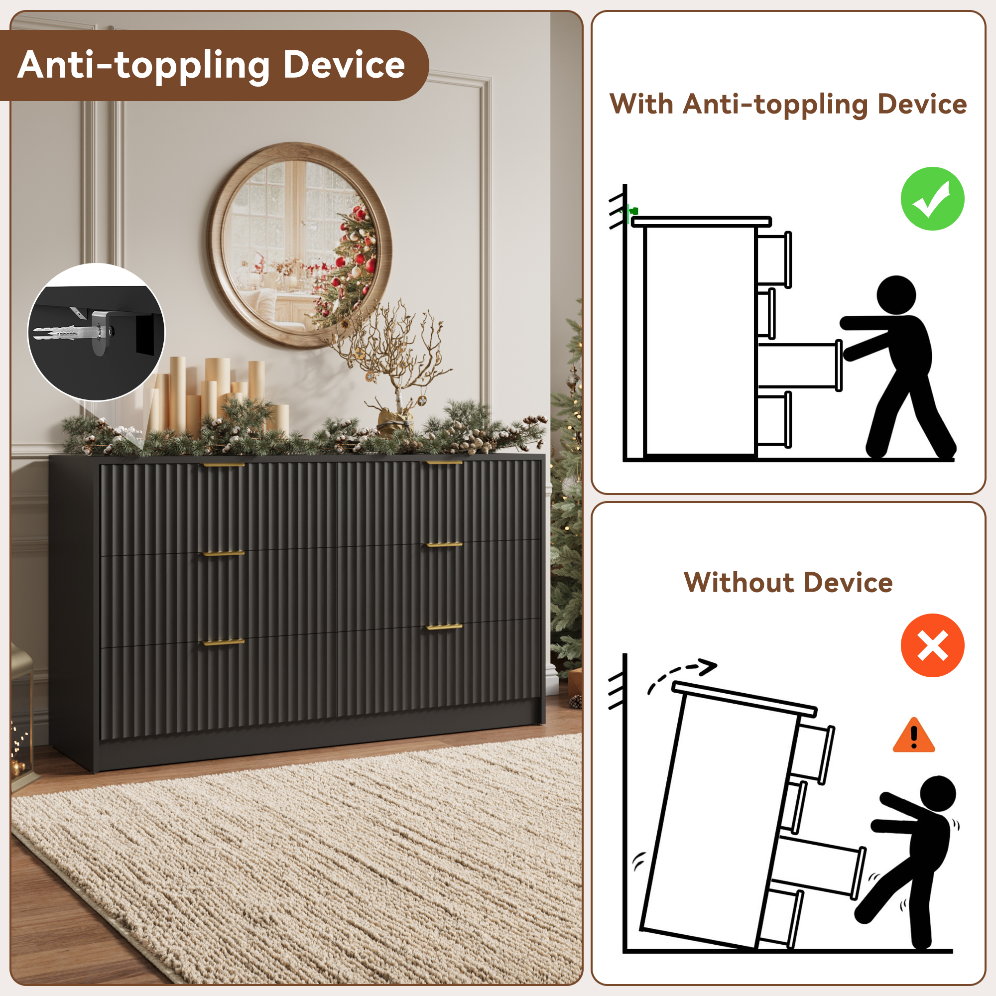 YouTrend 6 Drawer Dresser for Bedroom,55.1"Width Fluted Wood Chest of Drawer with Golden Embedded Handles for Living Room,Black