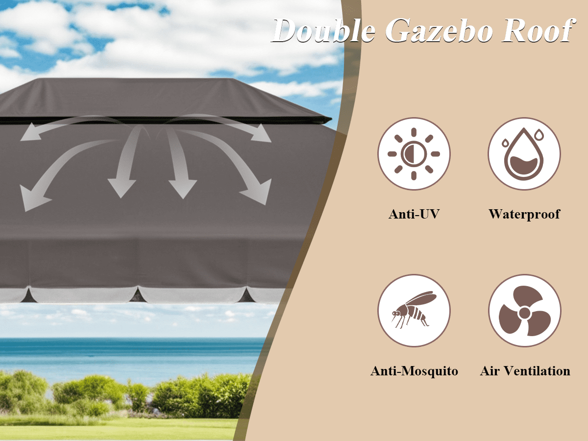 Grezone 10×13 FT Deluxe No Screws\ Gazebo,Double Roof Outdoor Shelter Tent with Mosquito Nettings and Privacy Screens
