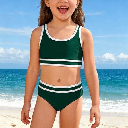 Gyujnb Girls Two Piece Bikini Set Adjustable Straps Contrast Trim Soft Swimwear with Removable Cups for Beach Pool & Summer Water Activities 11-12 Years