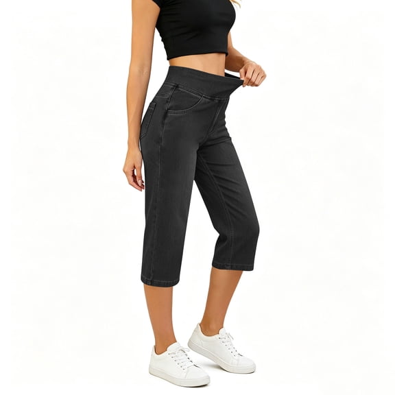 Jerdar Capris Jeans for Women High Waisted Trendy Pull On Elastic Waist Split Hem Skinny Stretchy Denim Capri Pants L