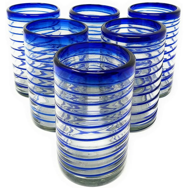 Hand Blown Drinking Glasses Set of 6 Glasses with Blue Spiral Design