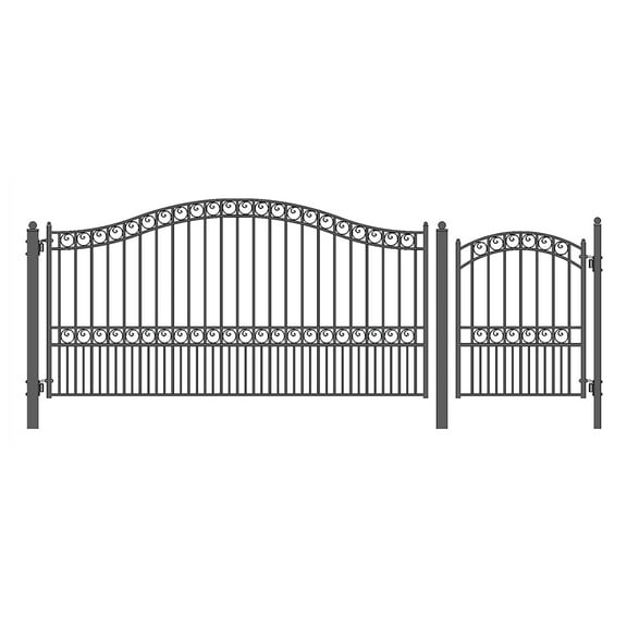 ALEKO Paris Style Steel Swing Single Driveway Black Gate 12 ft with Pedestrian Gate