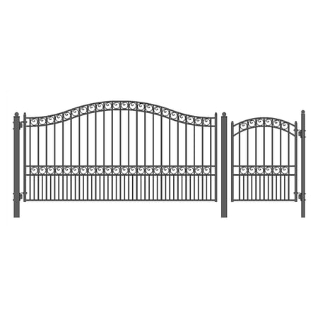 ALEKO Paris Style Steel Swing Single Driveway Black Gate 12 ft with Pedestrian Gate