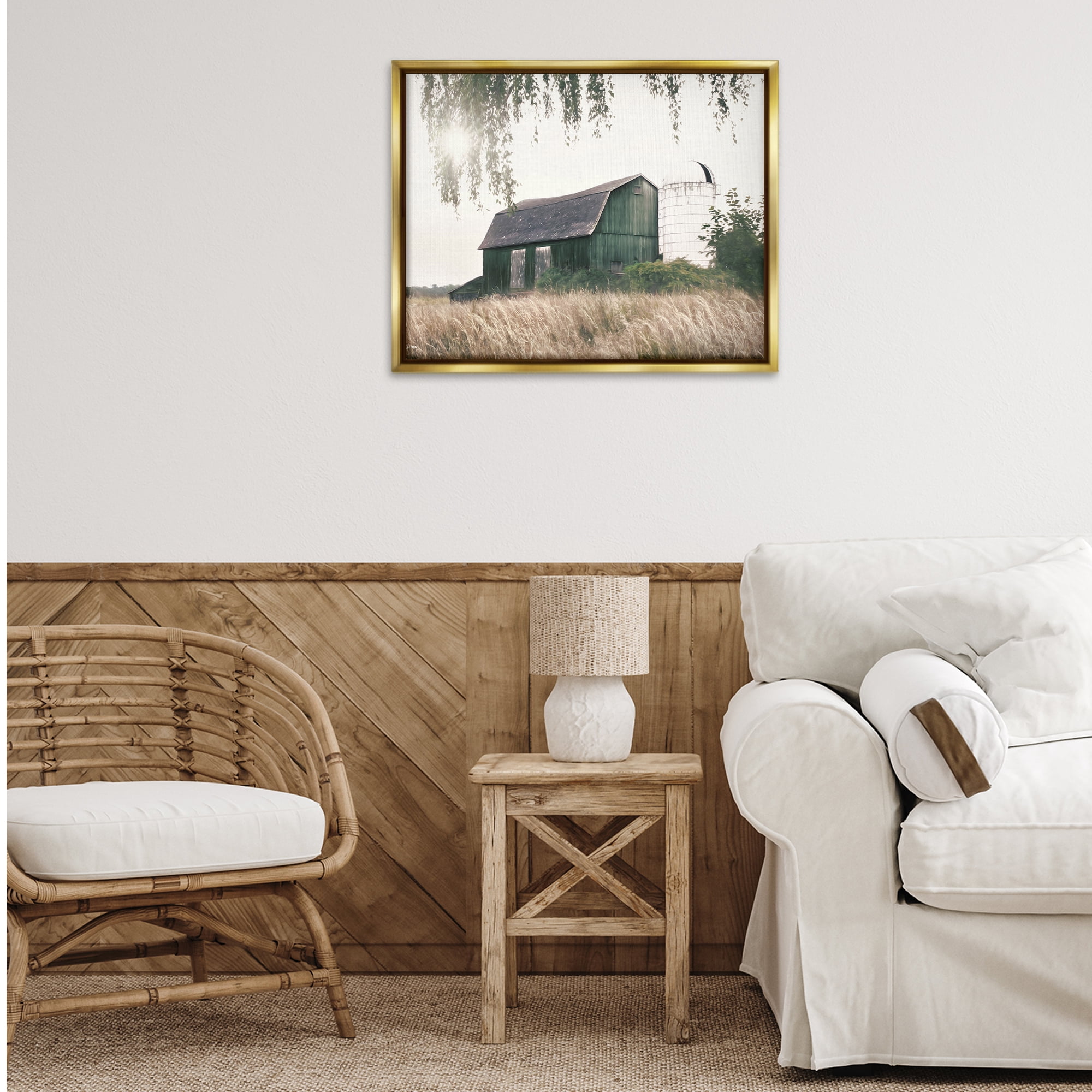 Stupell Industries Green Rustic Barn Landscape Photography Gold Floater Framed Canvas Art Print Wall Art, 31 x 25