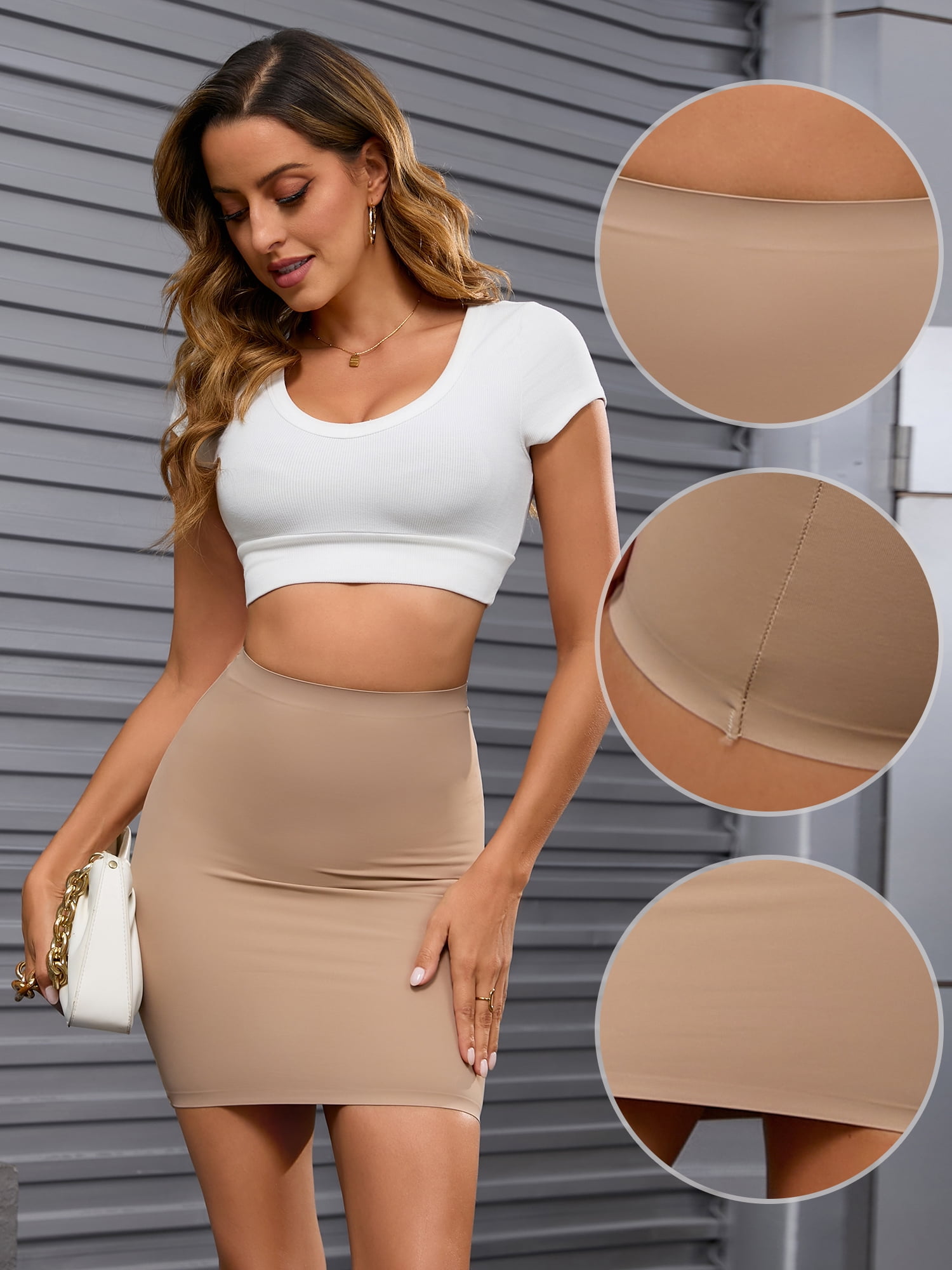 Unique Bargains Women's Body Shaper Slip High Waisted Tight Skirt Half Slips M Beige