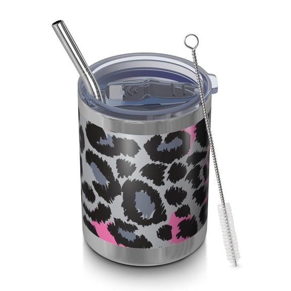 12oz Tumblers Gray and Pink Of Leopard Print Vacuum Insulated Stainless Steel Travel Tumbler Cups Mug with Lid and Straw for Beer,Coffee,Beverages with Cleaning Brush for Cold & Hot Drinks