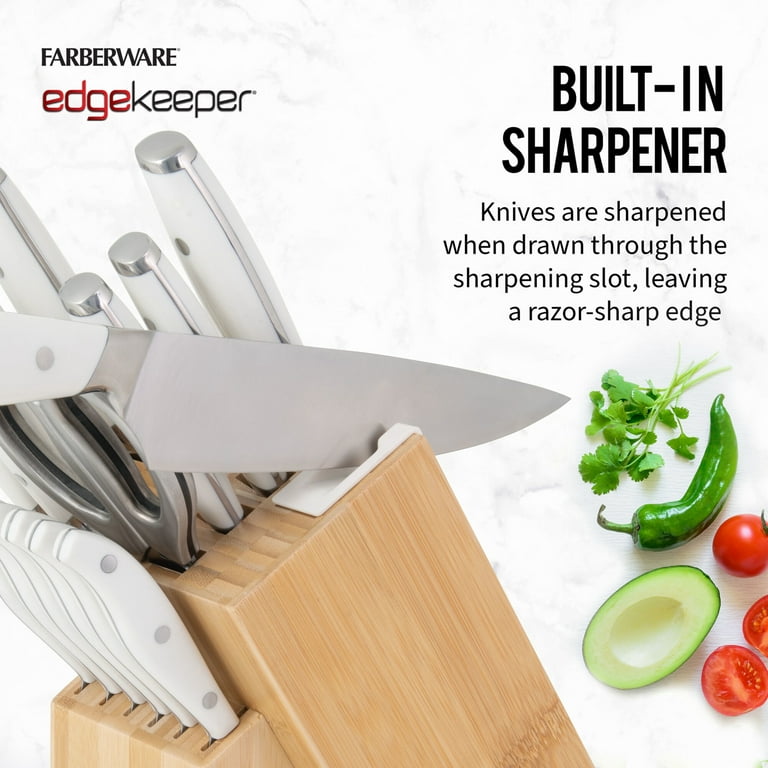 Farberware EdgeKeeper 14-Piece Forged Triple Rivet Kitchen Knife Block Set,  White 