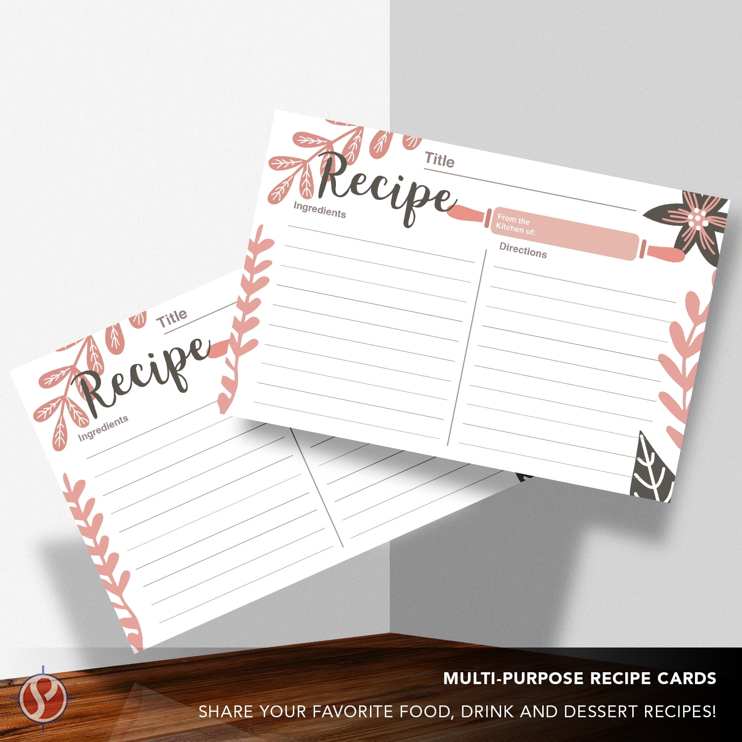50 Blank Kitchen Recipe Cards, Pink Baker – Double Sided Print, Thick Sturdy 100lb Cardstock – Organize Your Cooking Weddings, Baby and Bridal Showers, Birthdays, Graduations, Mother's Day – 4" x 6"