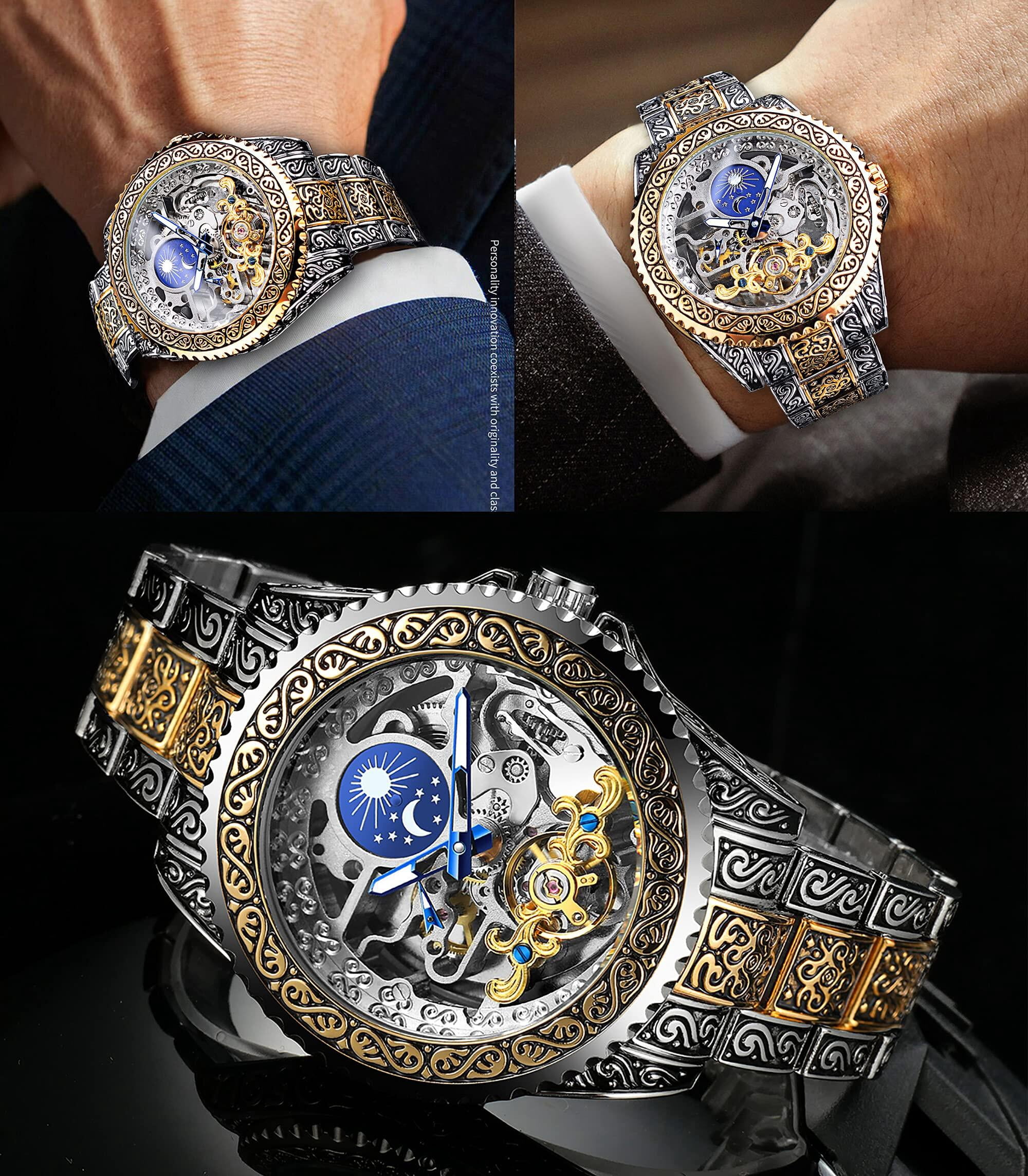 Watch for Men Carved Self-Wind Mechanical Tattoo Tourbillon Moon Phase Independent Seconds Skeleton Automatic Big Dial Wrist Watches