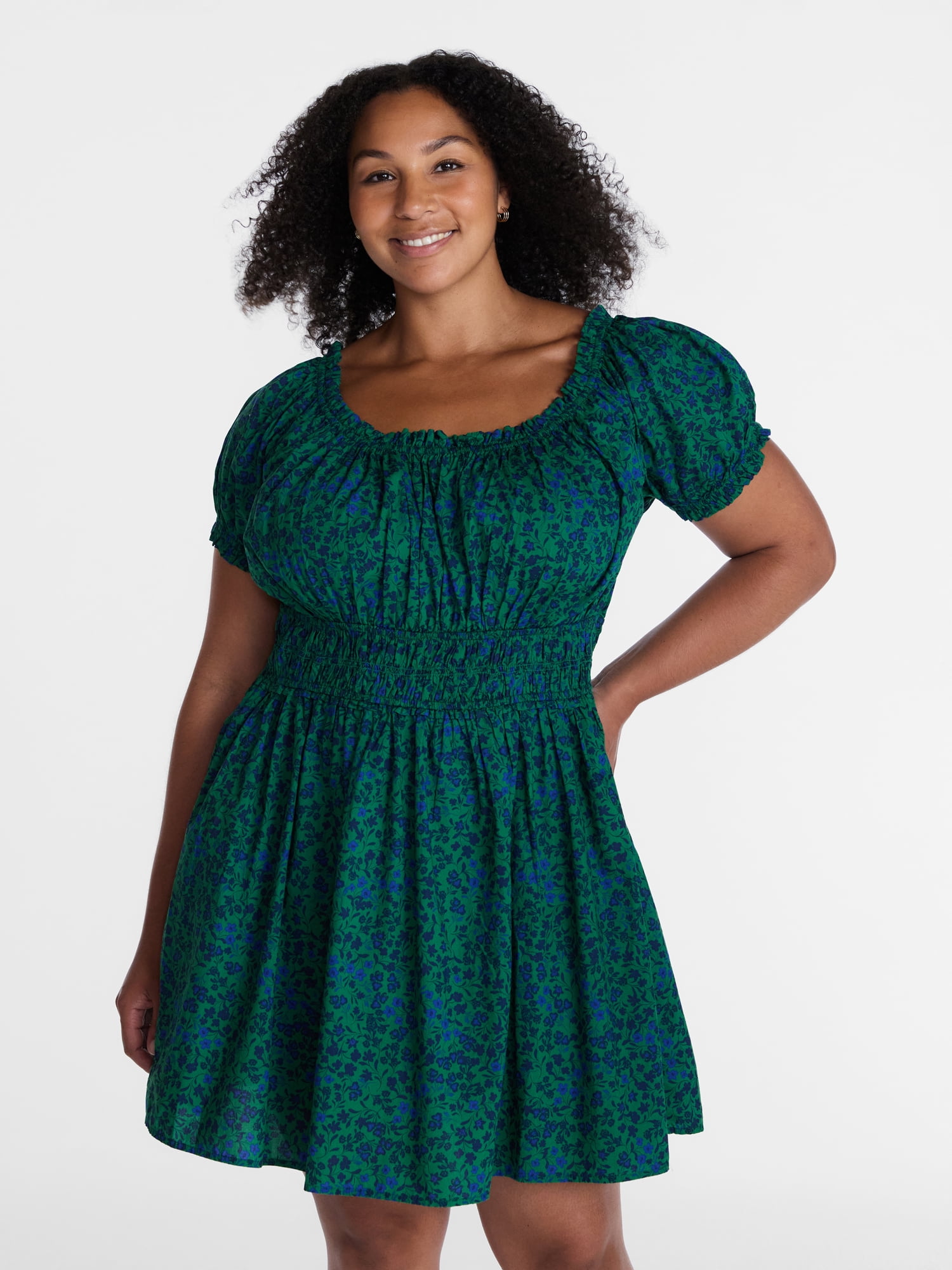 Time and Tru Women's Cotton Peasant Mini Dress With Puff Sleeves, Sizes XS-4X