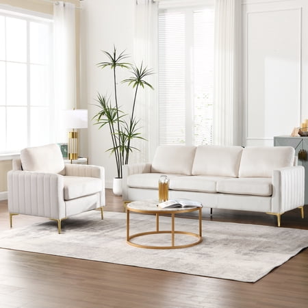 Muumblus 2 Pieces Velvet Living Room Sets, Modern 1 Seater Sofa Chair and 3 Seater Sofa Couch, Beige