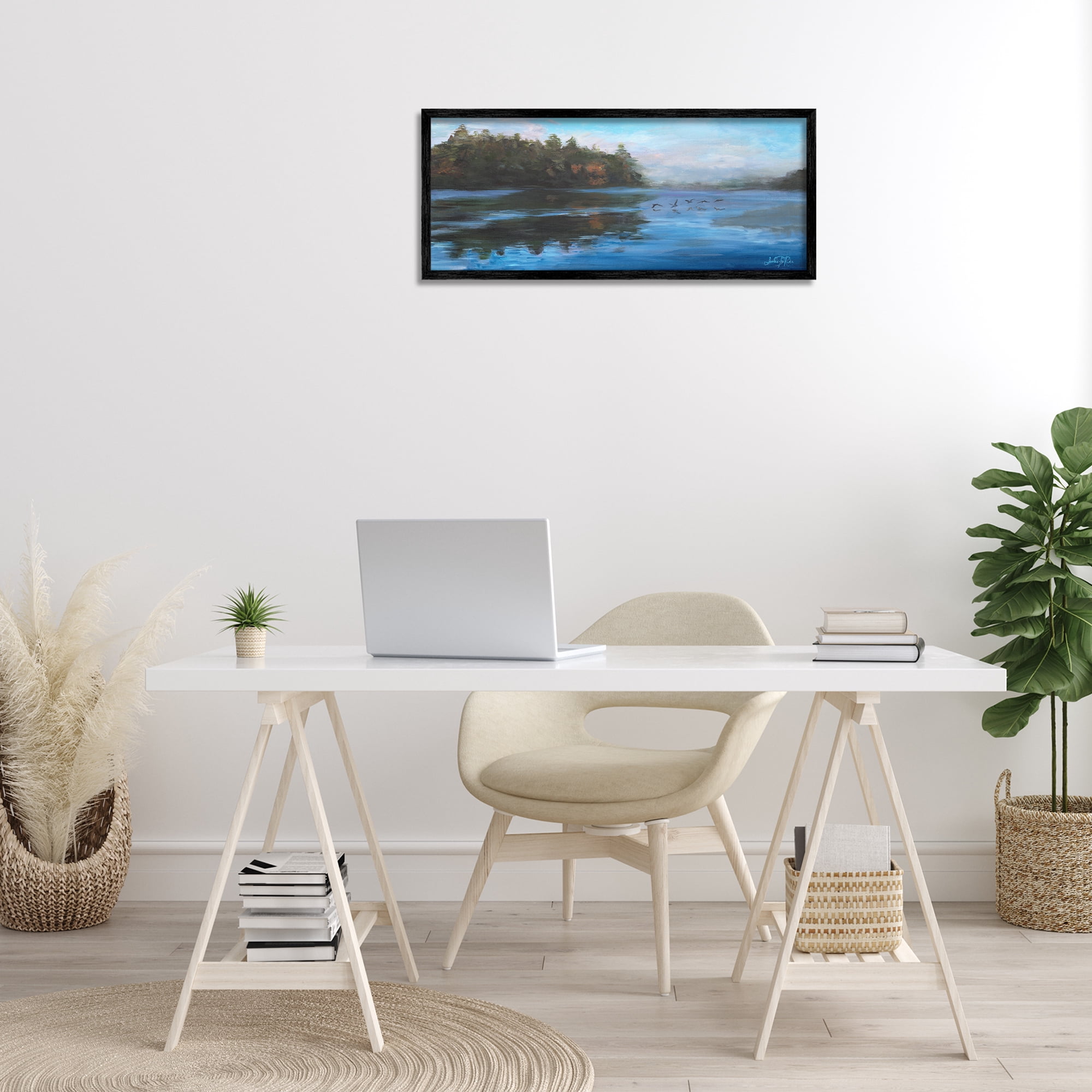 Stupell Industries Birds Along River Landscape Painting Black Framed Art Print Wall Art, 30 x 13