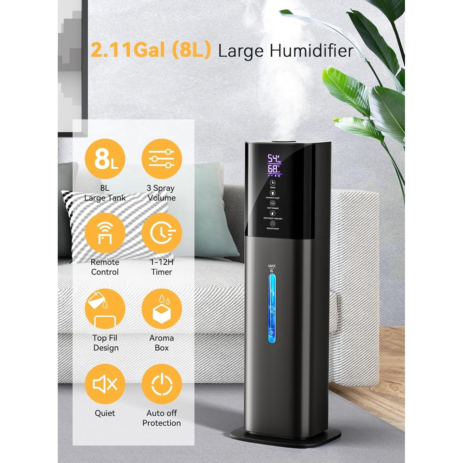 "Humidifiers for Bedroom, 8L Quiet Humidifiers for Large Room with Timer, 360°Nozzle, 3 Speed Ultrasonic Cool Mist Humidifier with Humidistat for Baby, Customize humidity for Home Adults Plants "