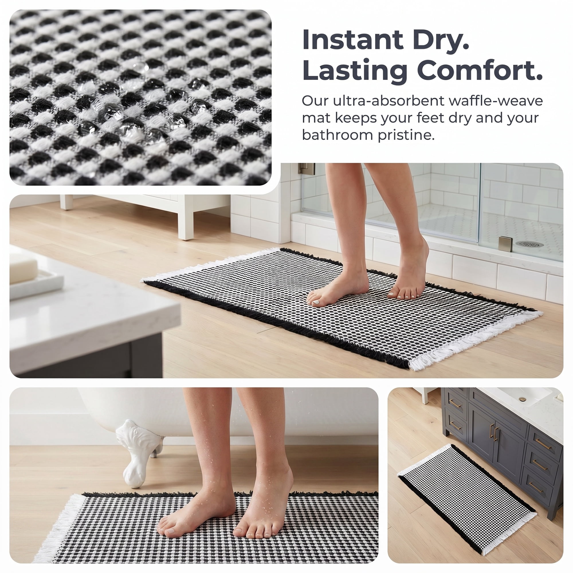 Unique Bargains Waffle Non Slip Quick Dry Machine Washable Bath Mat Black 24" x 17"