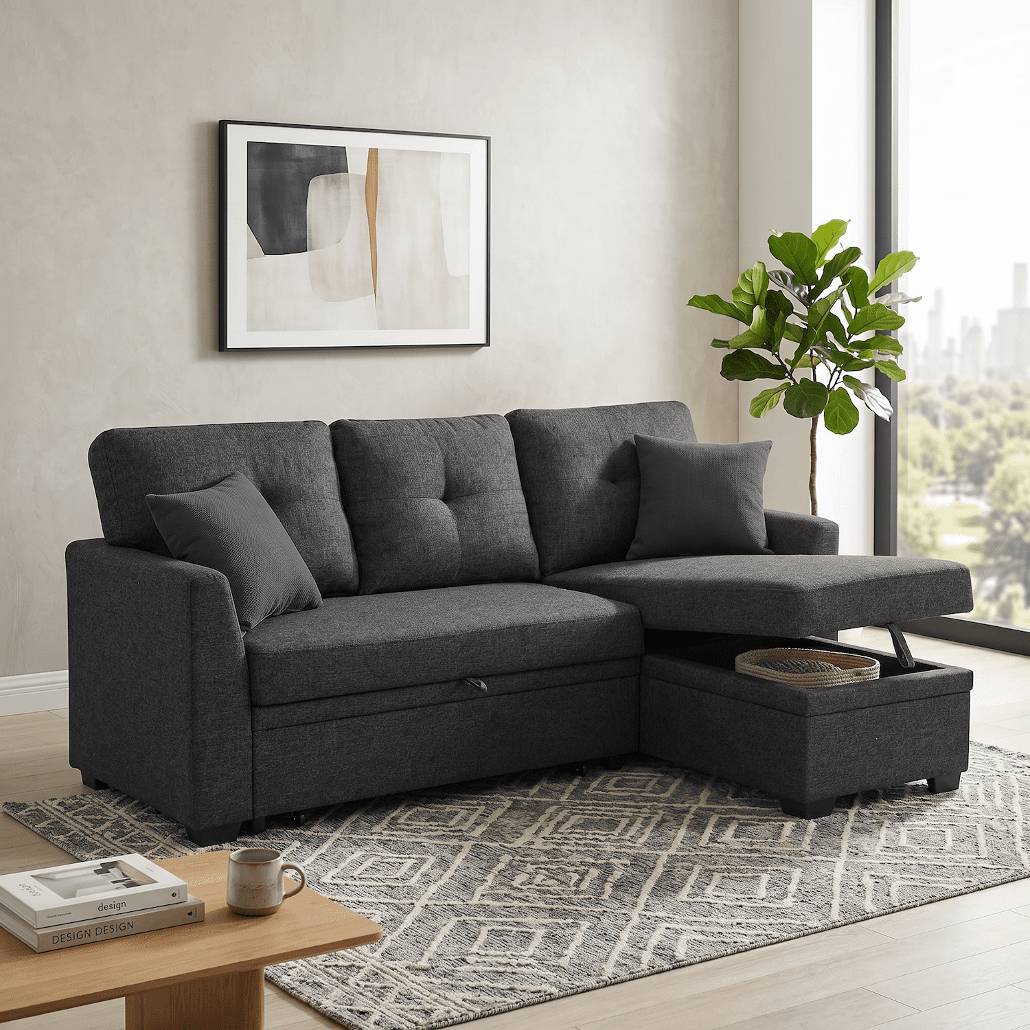 Convertible Sleeper Sofa Bed, 76.5" L Shaped Sectional Couch with Pull Out Bed, Storage Chaise & Reversible Lounge, Compact Linen Sectional Sofa for Small Space Apartment Living Room, Charcoal Black