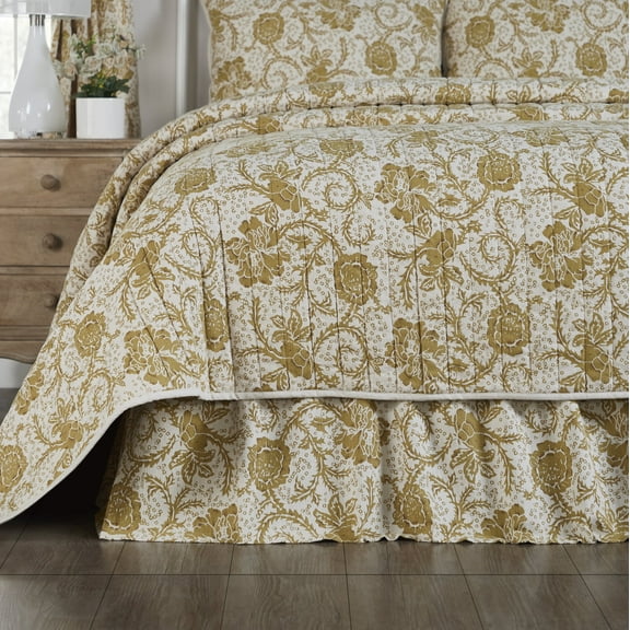 VHC Brands Dorset, Farmhouse Bed Skirt Dust Ruffle, Floral, King, Gold, 78x80x16