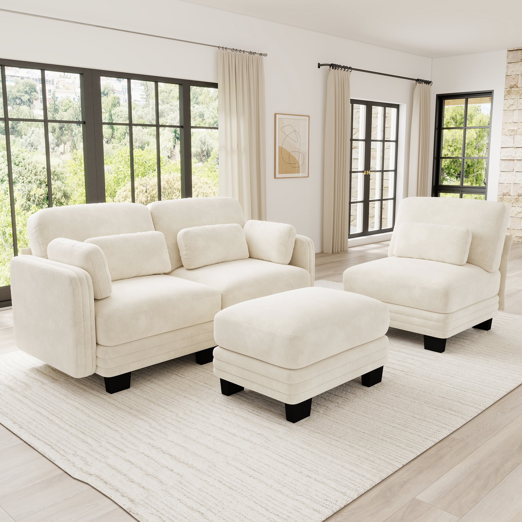 100" L Shape Modern Modular Sectional 3 Seater Sofa Couch with Movable Ottoman and 5 Pillows