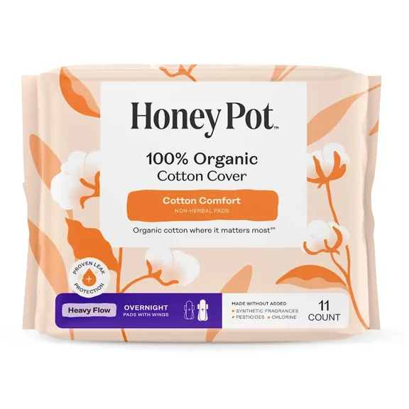 Honey Pot 100% Organic Cotton Cover Cotton Comfort Heavy Flow Overnight Pads, 11ct