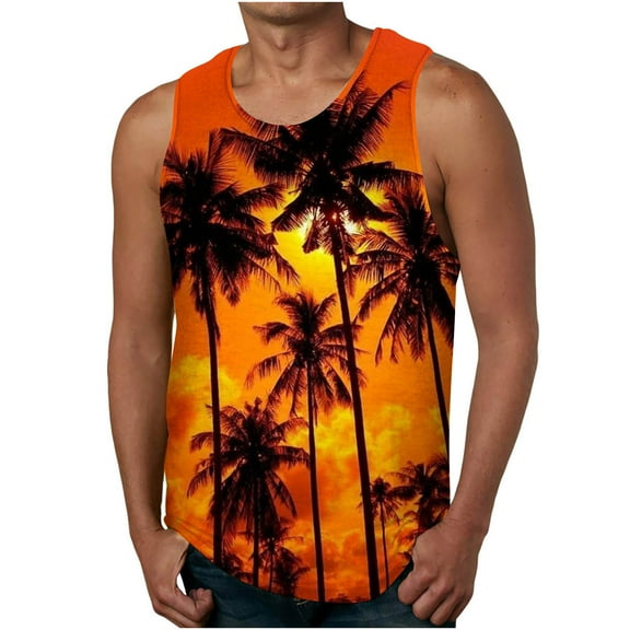 Munlar Men's Orange Graphic Tank Tops for Men Sleeveless Fitness Casual Summer Beach Shirts Round Neck Palm Tree Tops for Men XL