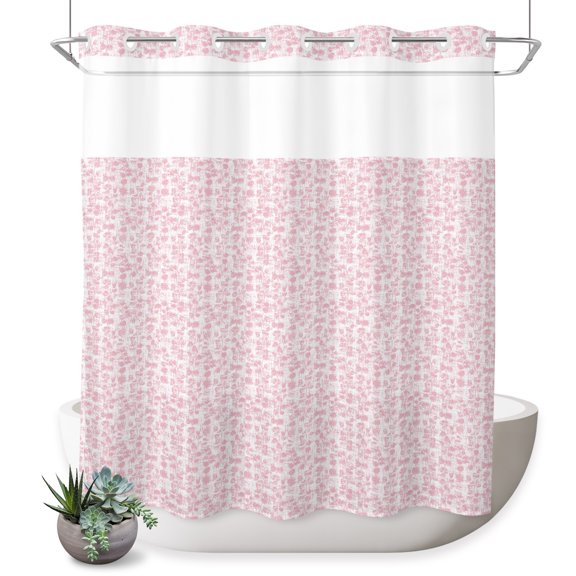No Hook Shower Curtain, Farmhouse Shower Curtains for Bathroom with See Through Top Window, Rustic Minimalist Floral Pattern Pink Waterproof & Washable Bath Curtain Standard 72"x72"