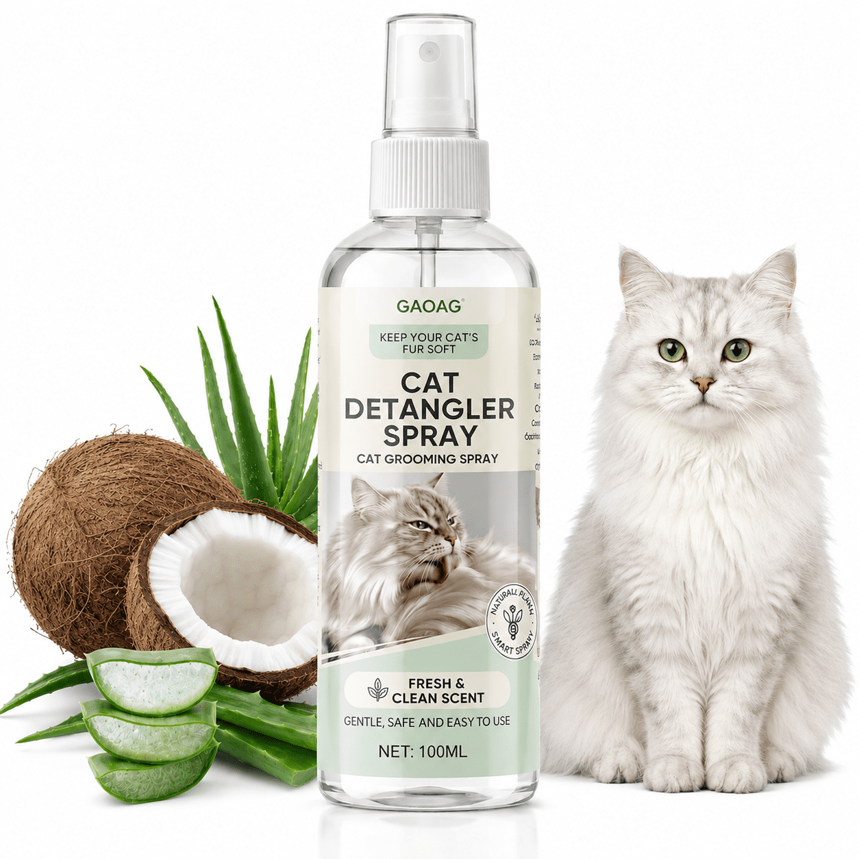 Cat Detangler Spray, Gentle Pet Grooming Leave-In Conditioner, Keep Cat Fur Soft with Fresh Clean Scent, Non Irritating Mats Remover, 120ml