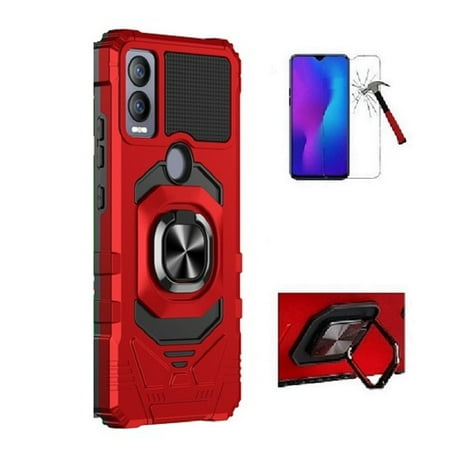 Phone Case for Cricket Magic 5G/AT&T Propel 5G, Ring Kickstand Hybrid Case Cover + Tempered Glass (Red)