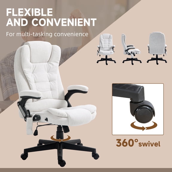 Office Chairs HOMCOM 6 Point Vibrating Massage Office Chair with Heat, Linen High Back Executive Office Chair with Reclining Backrest, Padded Armrests and Remote, Cream White,Mesh Office Chairs