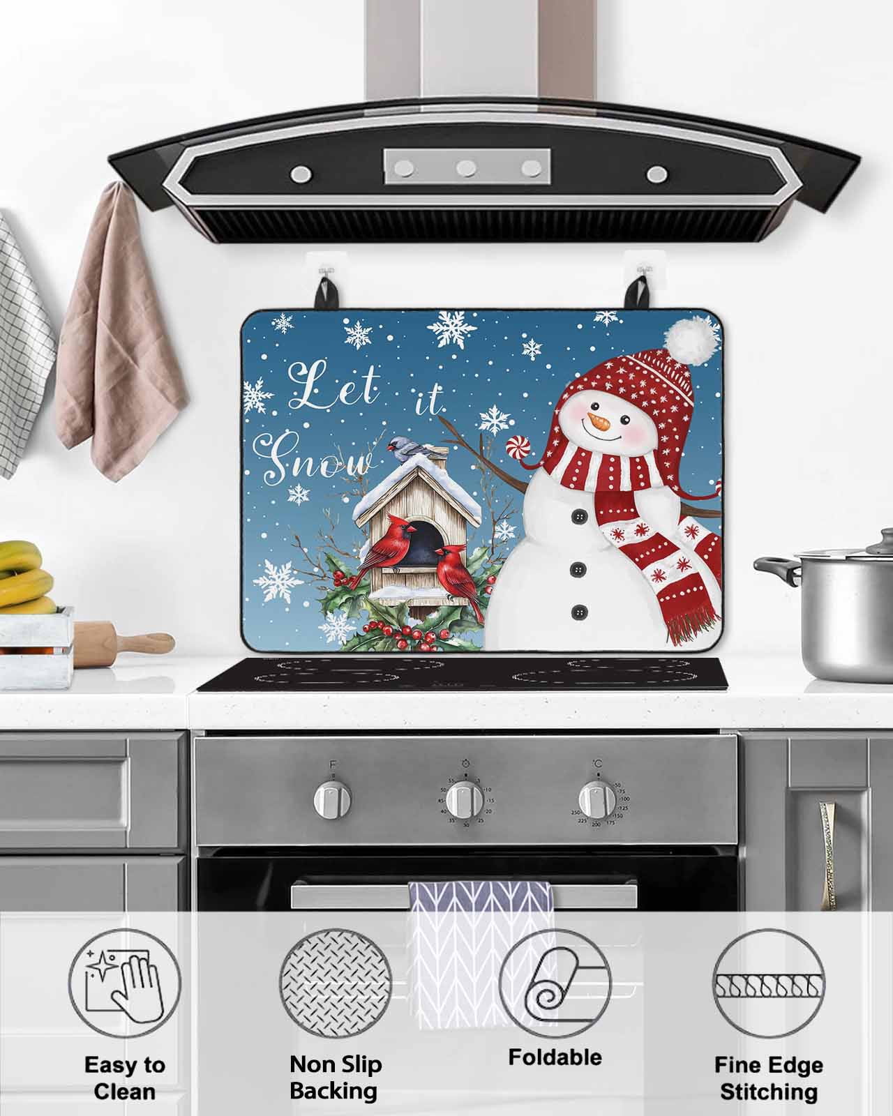 Large Induction Cooktop Protector Mat Blue Grey Snowman Christmas Stove Top Covers for Electric Stove, Xmas Snowflake Birds Berry Winter Decorative Stove Burner Cover Mats, Glass Top Stove Cover