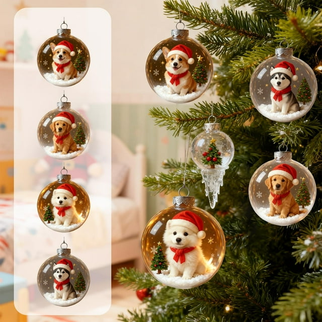Colgantes De Plástico Adorno Navideño De Plástico Multicolor Con Esfera De Cristal Transparente Y Escena Invernal En Miniatura Con Adorables Animales Con Gorros De Papá Noel, 8x8x8cm (1 Unidad) Rkxzt