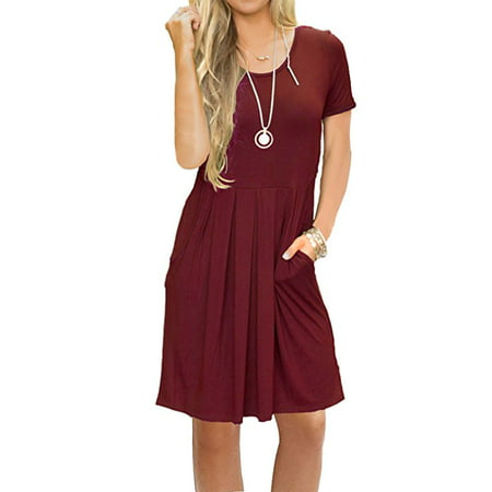 FRESHLOOK - Women's Short Sleeve Pleated Loose Swing Casual Dress with ...