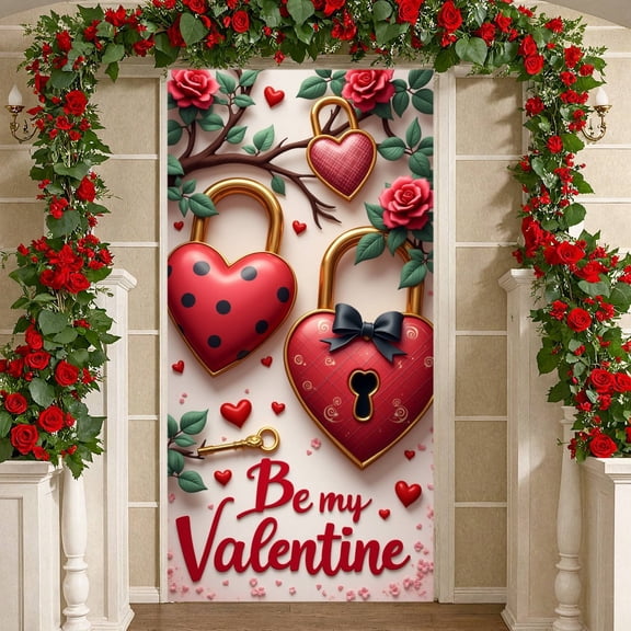 Red Heart Valentine Banner Pink Rose Love Display Gold Lock Green Leaf Heart Backdrop for Valentine's Day Party Romantic Date Anniversary Celebration