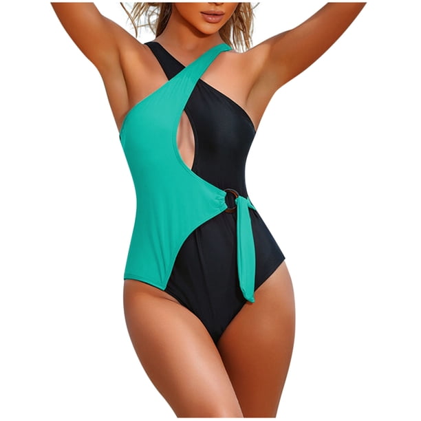 Trajes de Baño de Cuello Alto para las Mujeres, Correa de Bloqueo de Color de Moda, con Cojín de Pecho Traje de Baño sin Espalda