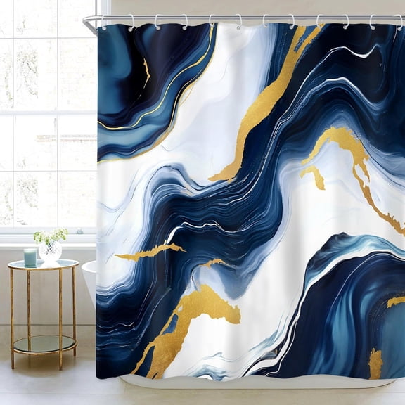 Navy Blue Fluid Gold Marble Shower Curtain 60Wx72L Inch Cracked Lines Veins Texture Waterproof Bathroom Set Home Decor