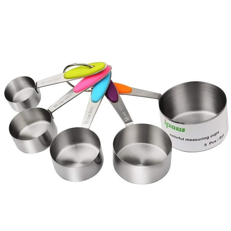IPOW Stainless Steel Dry & Liquid Measuring Cups Set of 5 Adjustable Mini Stackable Kitchen Measure Cup with Good Grips for Kids, Toddler, Baking, Weight Loss (1/8, 1/4, 1/3, 1/2, 1