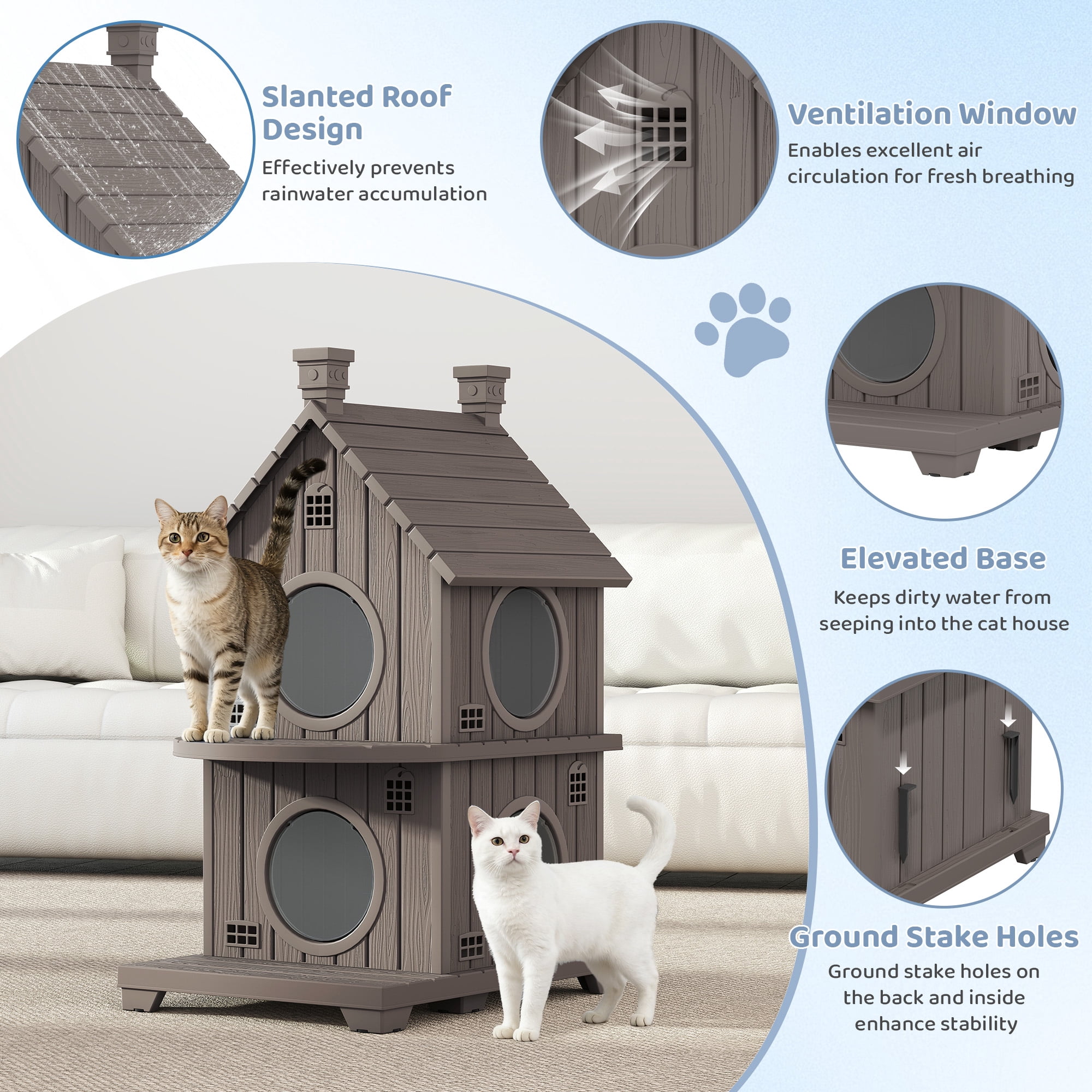 Bifanuo Outdoor Cat House,Weatherproof Resin Cat House,Multi-Layer,Villa-Style Outdoor Cat Shelter,Assemble Easily for Home & Yard,Gray