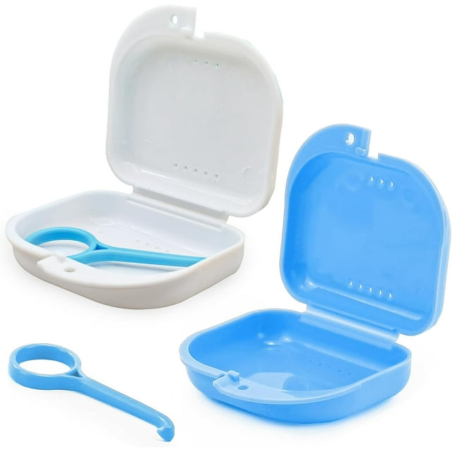 2 Pcs Étui de Rétention Orthodontique avec Trous d'Aération, Étui de Protection Buccale Boîte de Rétention Dentaire avec Outil de Retrait d'Appareils Invisibles - Léger et Portable, Bleu Clair et Blanc