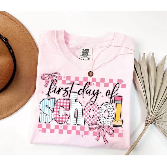 VibeNest Studio Unisex First Day of School Coquette Pink Bow Cute Teacher Back to School Garment Dyed Graphic T-Shirt