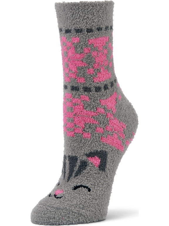 Aloe Infused Spa Crew Socks, Grey/ Pink Cat, Women's Size 5-10