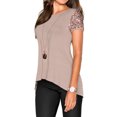 thumbnail image 1 of Nlife Women Sequin Patchwork Short Sleeve Crew Neck Asymmetric Hem Top, 1 of 6