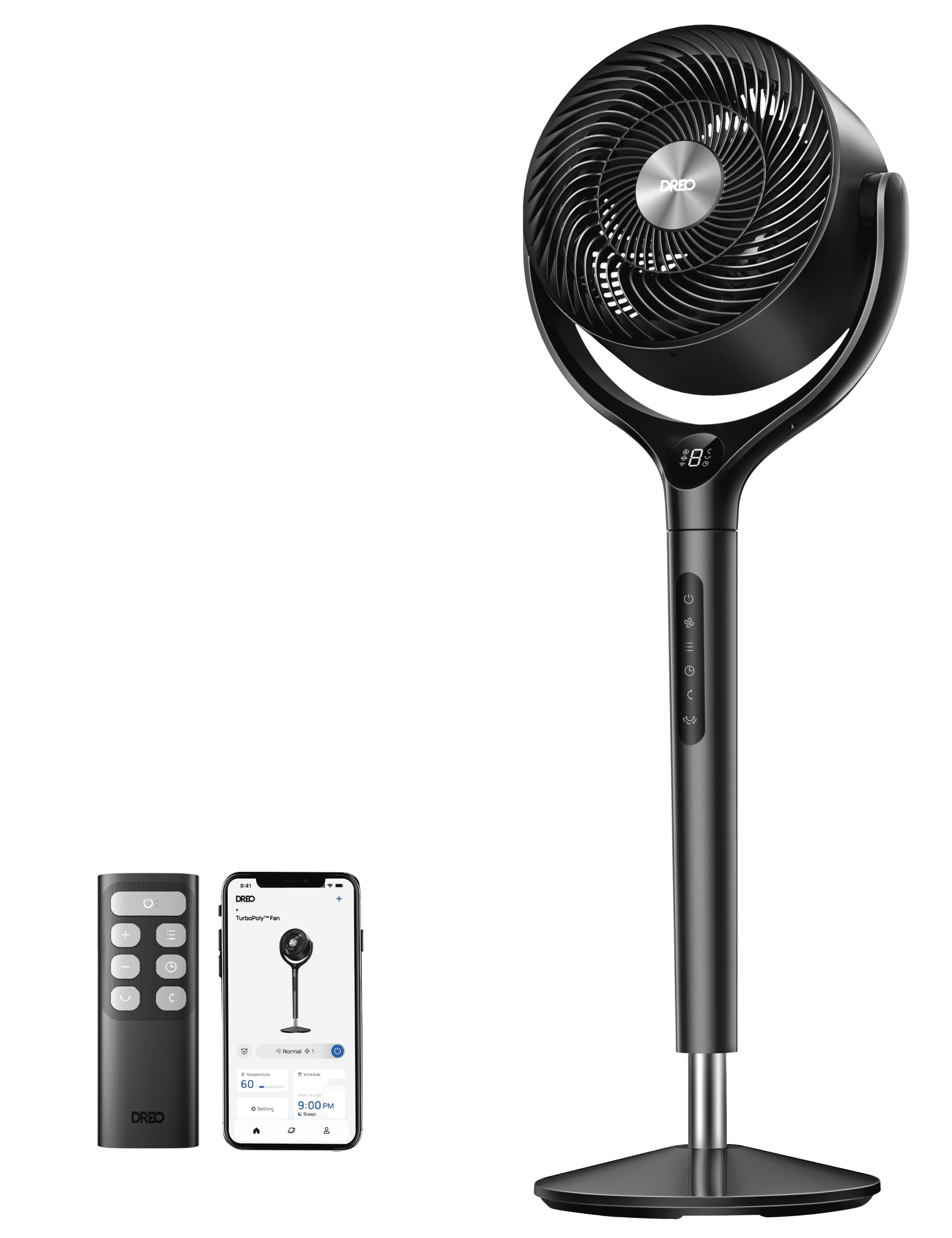 DREO Smart 9-Inch 3D Oscillating Pedestal Fan with Wi-Fi, Alexa/Google Compatible, Adjustable Height, Remote, Grey