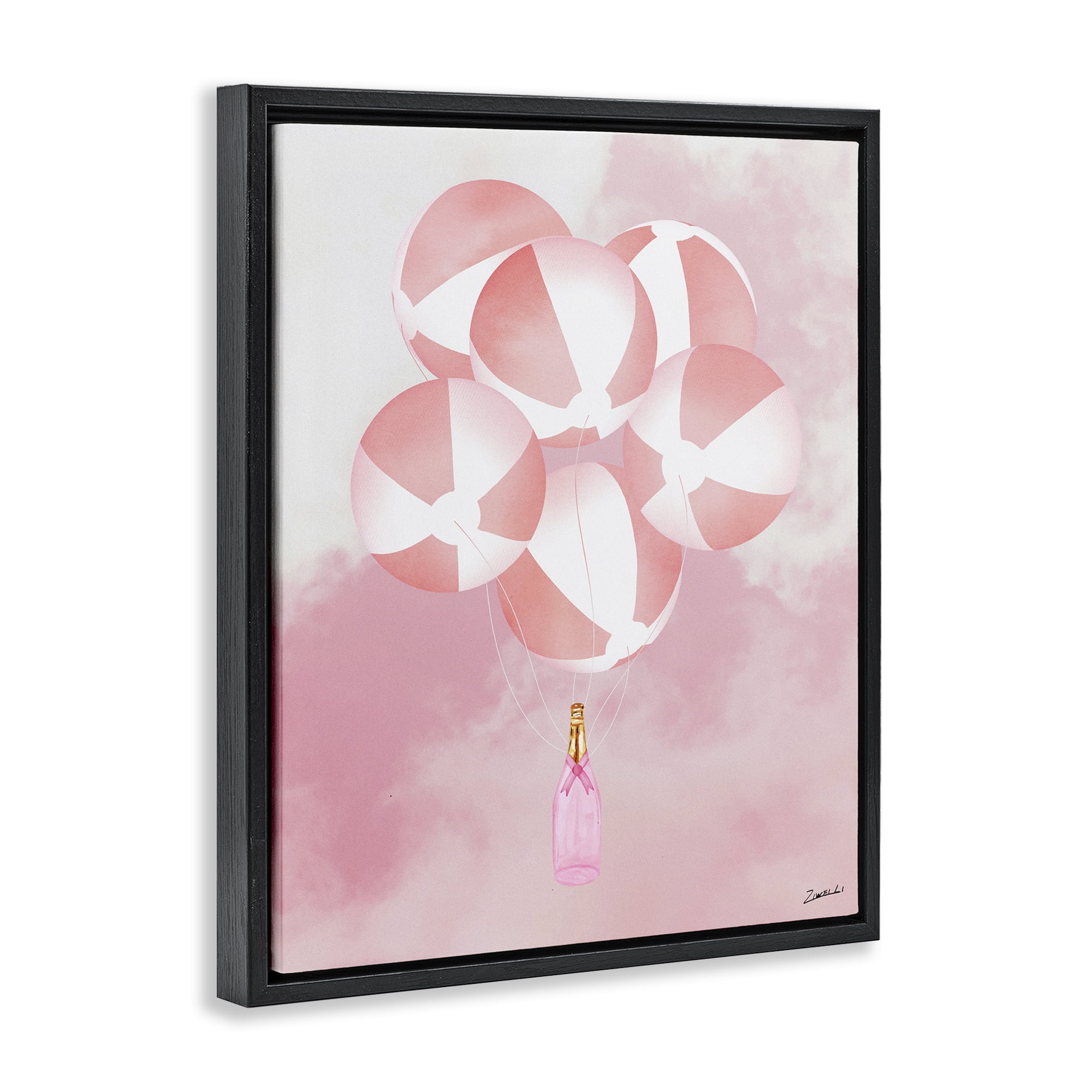 Stupell Industries Beach Ball Balloons & Champagne Food & Beverage Painting Black Floater Framed Canvas Art Print Wall Art, 17 x 21