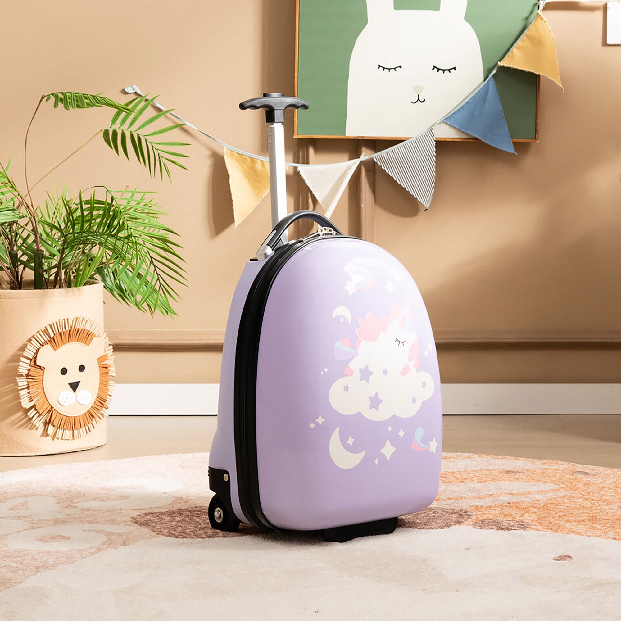 Gymax 16'' Kids Carry-On Luggage with Wheels w/ 2-Level Aluminum Handle Suitcase Purple