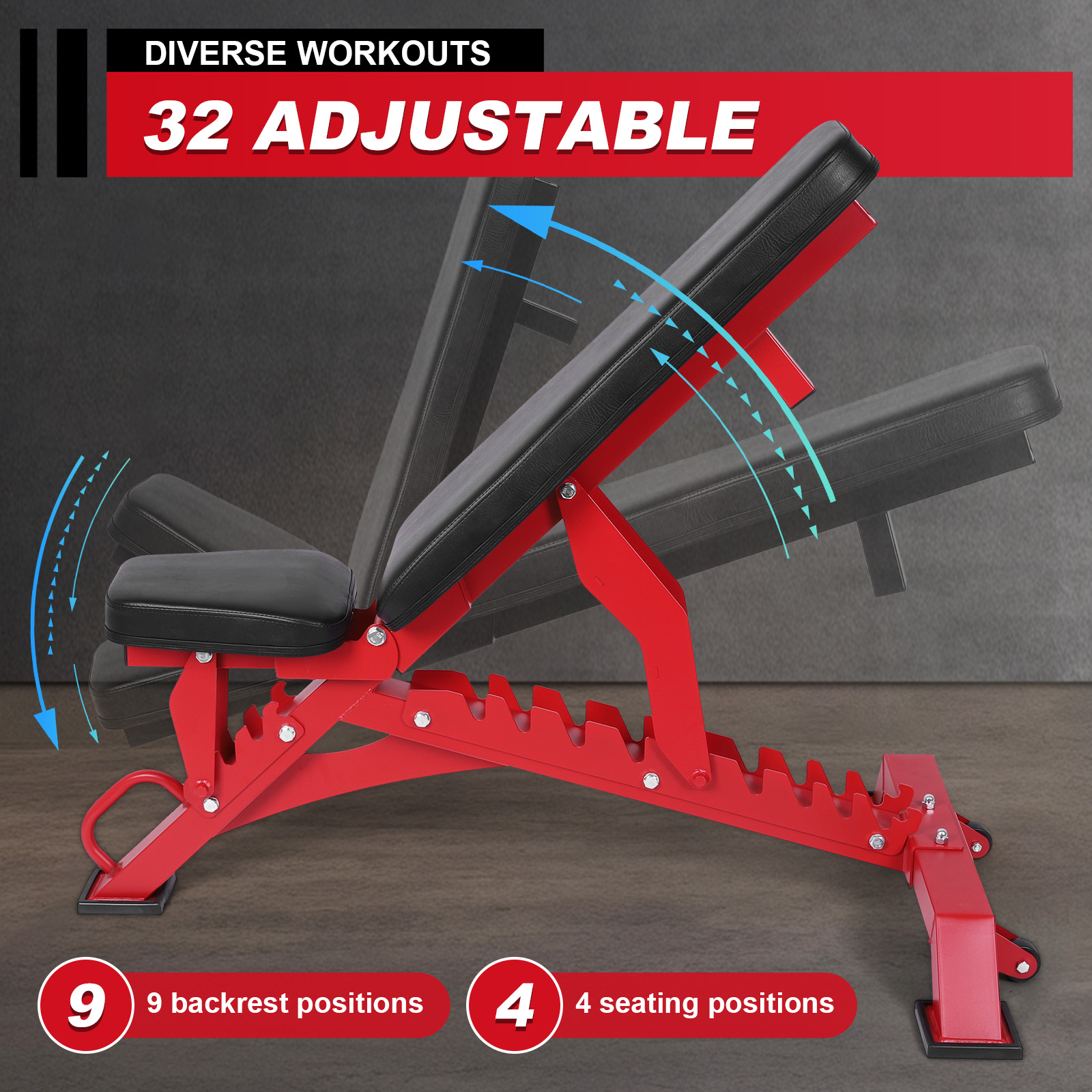Btidfty Adjustable Weight Bench for Home Gym Strength Training 1300LBS Weight Capacity Incline Decline Flat Utility Workout Bench Fitness Equipment (Red)