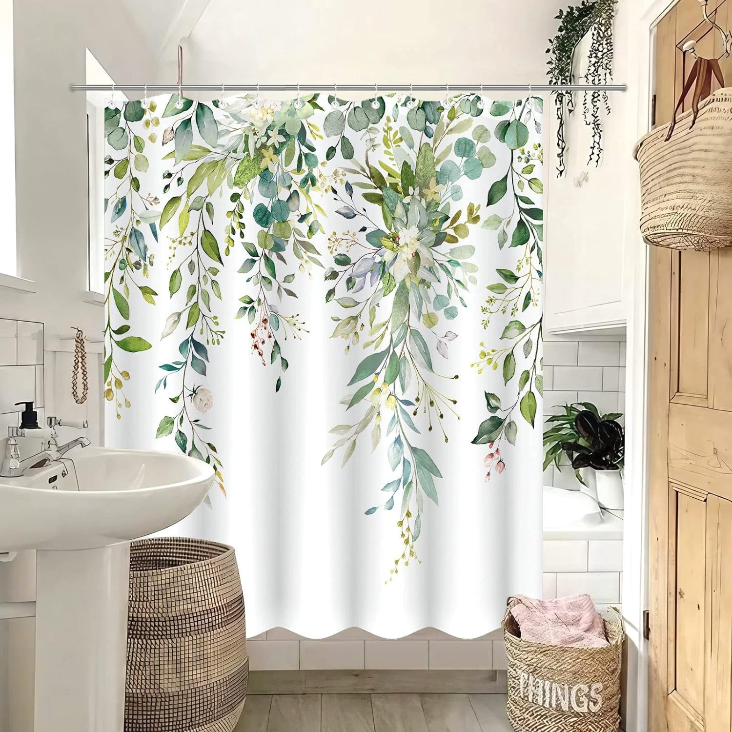 84 Inch Extra Long Green Eucalyptus Shower Curtain Watercolor Floral Plant Leaf Shower Curtains for Bathroom Botanical Flower Waterproof Fabric Bath Curtain with Hooks (Green, 72'''' x 84'''')